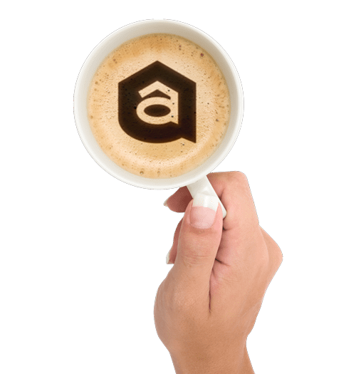 illustration représentant une tasse à café avec le logo de l'agence immobilière incrusté dans la mousse